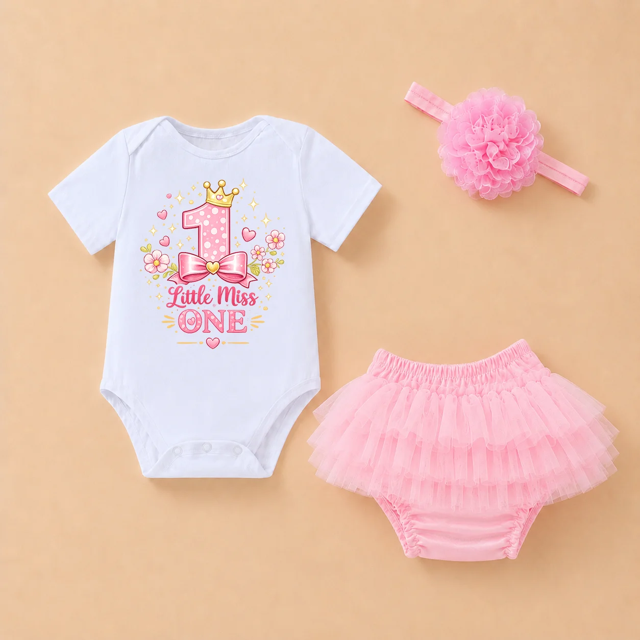 Baby Girls 1st Birthday Outfit Little Miss ONE Printed Bodysuit Pink Tutu Skirt Flower Headband 3Pcs Princess Cake Smash Costume