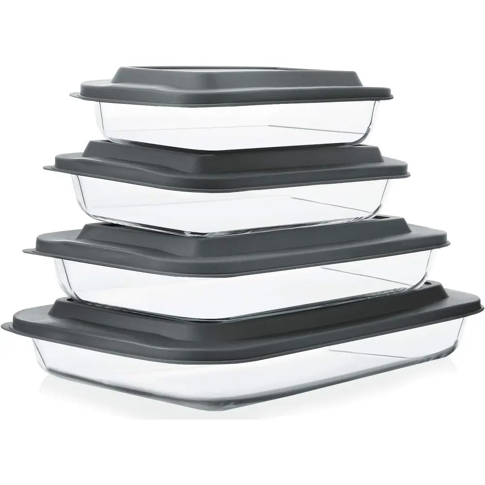 

8-Piece Deep Glass Bg Dish Set with Plastic lids,Recular Glass Bakeware Set with Lids, Bg Pans or Lasagna, Letovers, Cooking, Ki