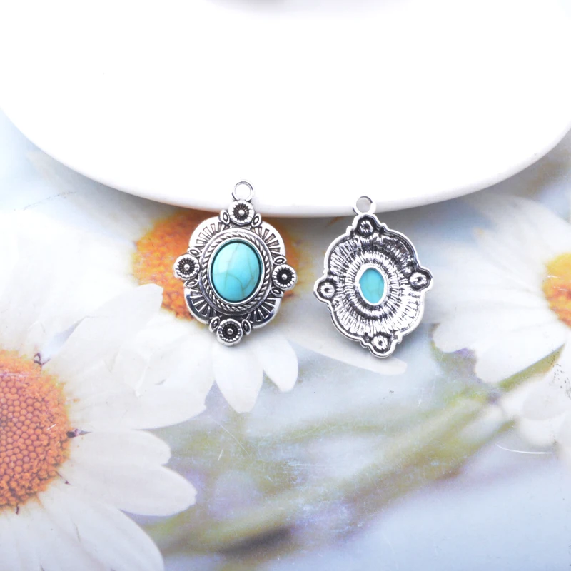10 Stück Antik-Silberfarbene Feder-Legierung mit Imitations-Türkisstein Acryl-Ohrringe Charms Schmuck Ohrringe Anhänger – Detail 10