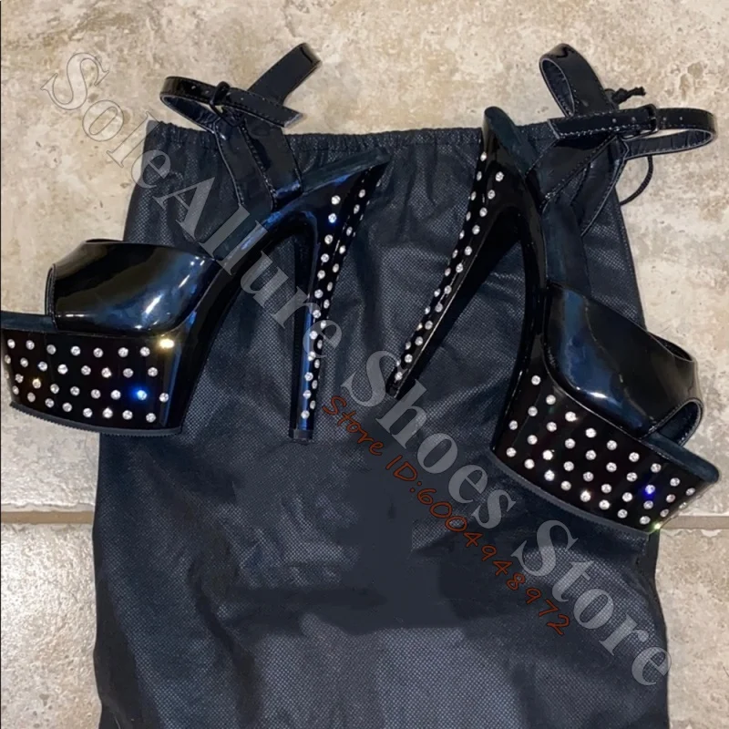 Black Patent Rhinestone Platform Ankle Strap Sandals Peep Toe Crystal Studded Stiletto High Heels Club Stage Party Women Sandals