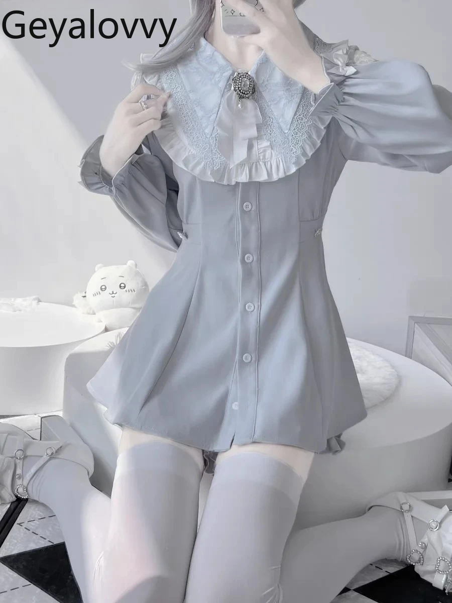 اليابانية الحلو الألغام القوس كشكش الدانتيل الربط الخصر التخسيس كم طويل مطوي فستان و طماق السراويل قطعتين مجموعة #1