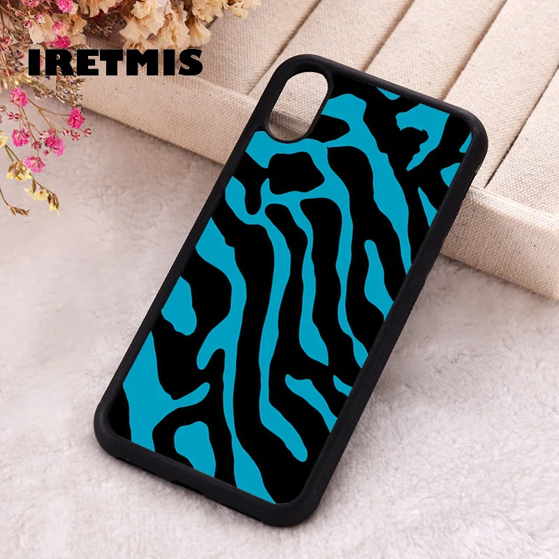 Iretmis Phone Cover Case For iPhone X XS Max XR 11 12 13 PRO MINI 14 15 16 Plus Rubber Silicone Zebra Print Blue Snap On