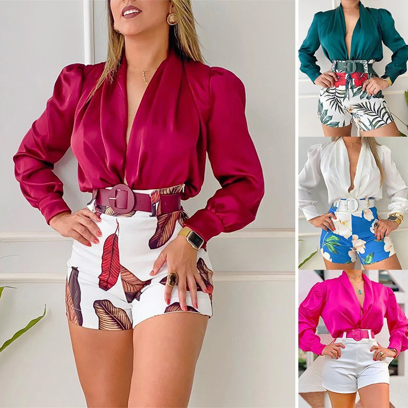 

Summer Set for Women Long Sleeve Floral Printed Deep V Sexy Tops Blouse and Shorts Sets Casual Spring Shirts Female