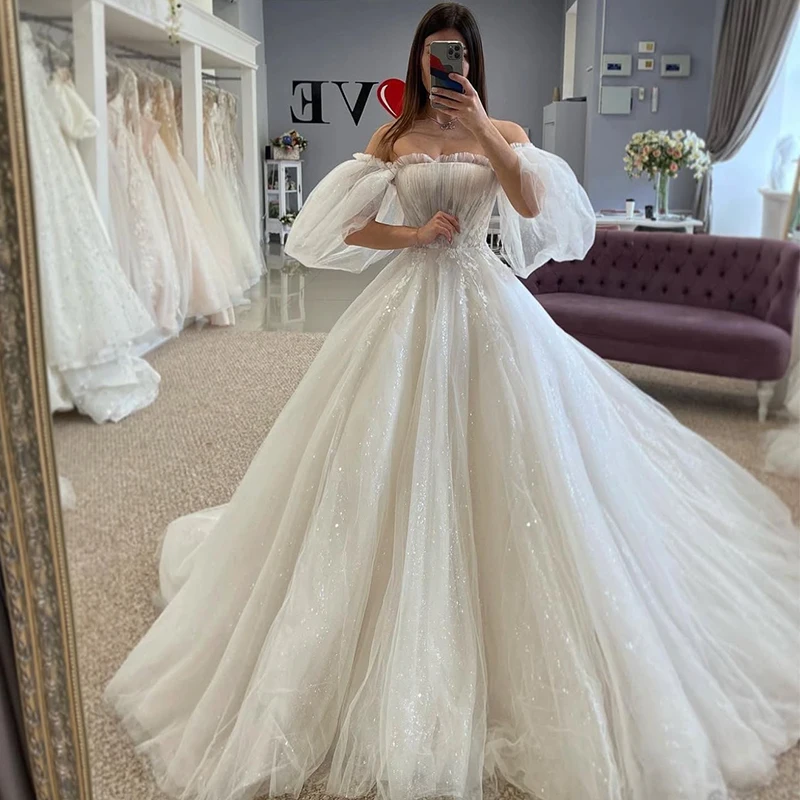 

Shiny Chic Wedding Dress Organza With Embroidery Sequins Ball Gown Boat Neck Puff Sleeves Bridedress Customized Vestido De Novia