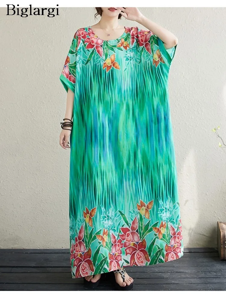 Oversized Summer Long Dress Women Bohemian Flower Print Fashion Loose Pleated Ladies Dresses Short Sleeve Casual Woman Dress