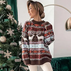 Women's 2024 Winter New Christmas Pullover Y2K Clothes Oversized Sweaters Full Sleeve O Neck Knitwear Warm Thicken Sweater Tops