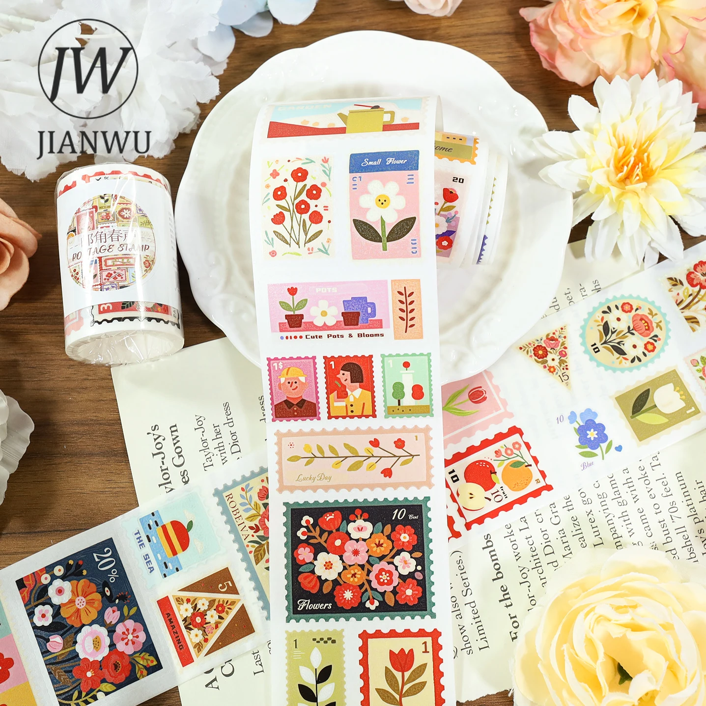 

JIANWU 60mm*200cm Vintage Plant Flower Stamp Landscape Material Collage Scrapbooking PET Tape Creative DIY Journal Stationery