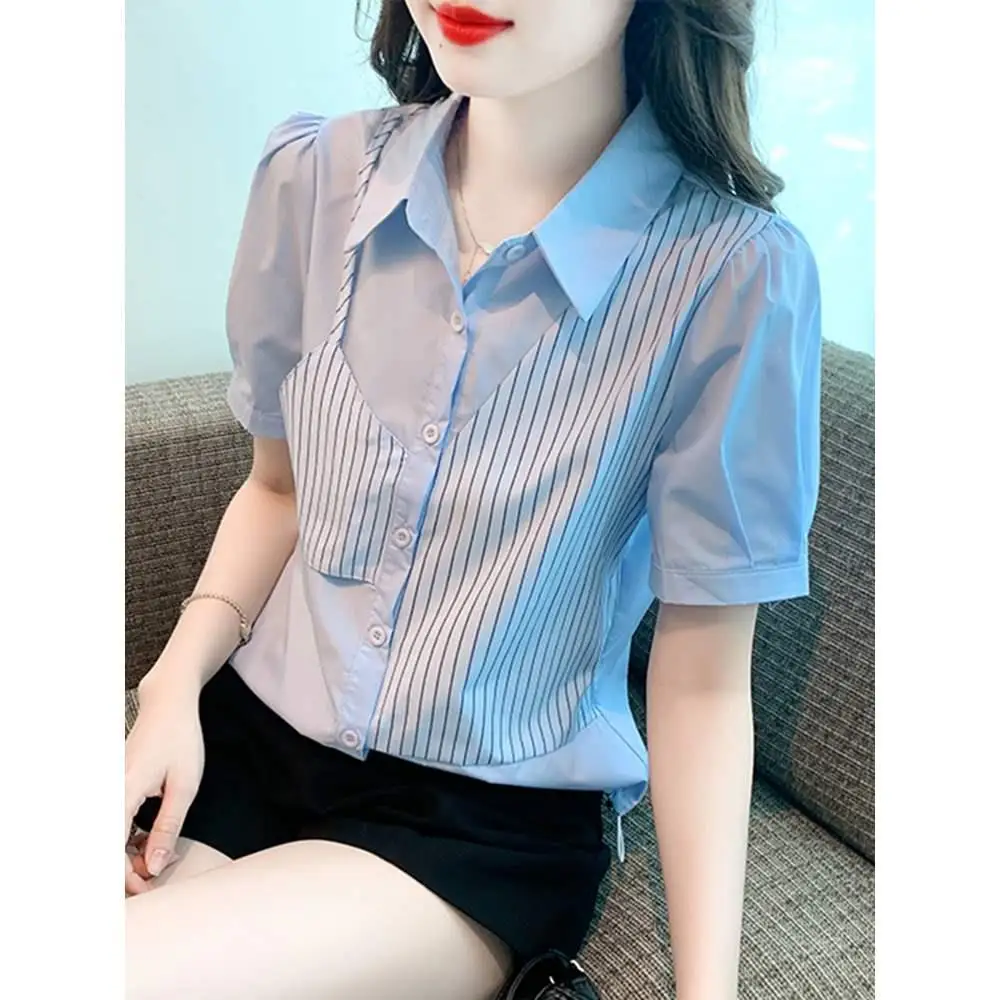 

Women Two Tone Stripe Short Sleeve Shirt Summer Minimalist Office Wear Slim Fit Button Detail Versatile Blouse