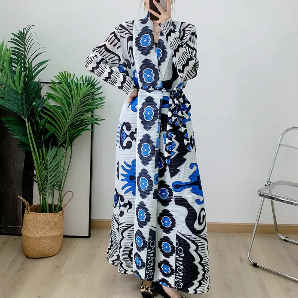 

Abaya Pleat Long Sleeve Coat for Women, Cape, Female Sashes, Miyake Design, New Fashion, 2024