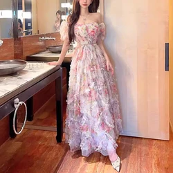 Fairy Dress Women 2024 Fashion Short Sleeve Strapless Mesh Pink Floral Print FIt Flare Ruffles Long Maxi Dress Hawaii Vacation