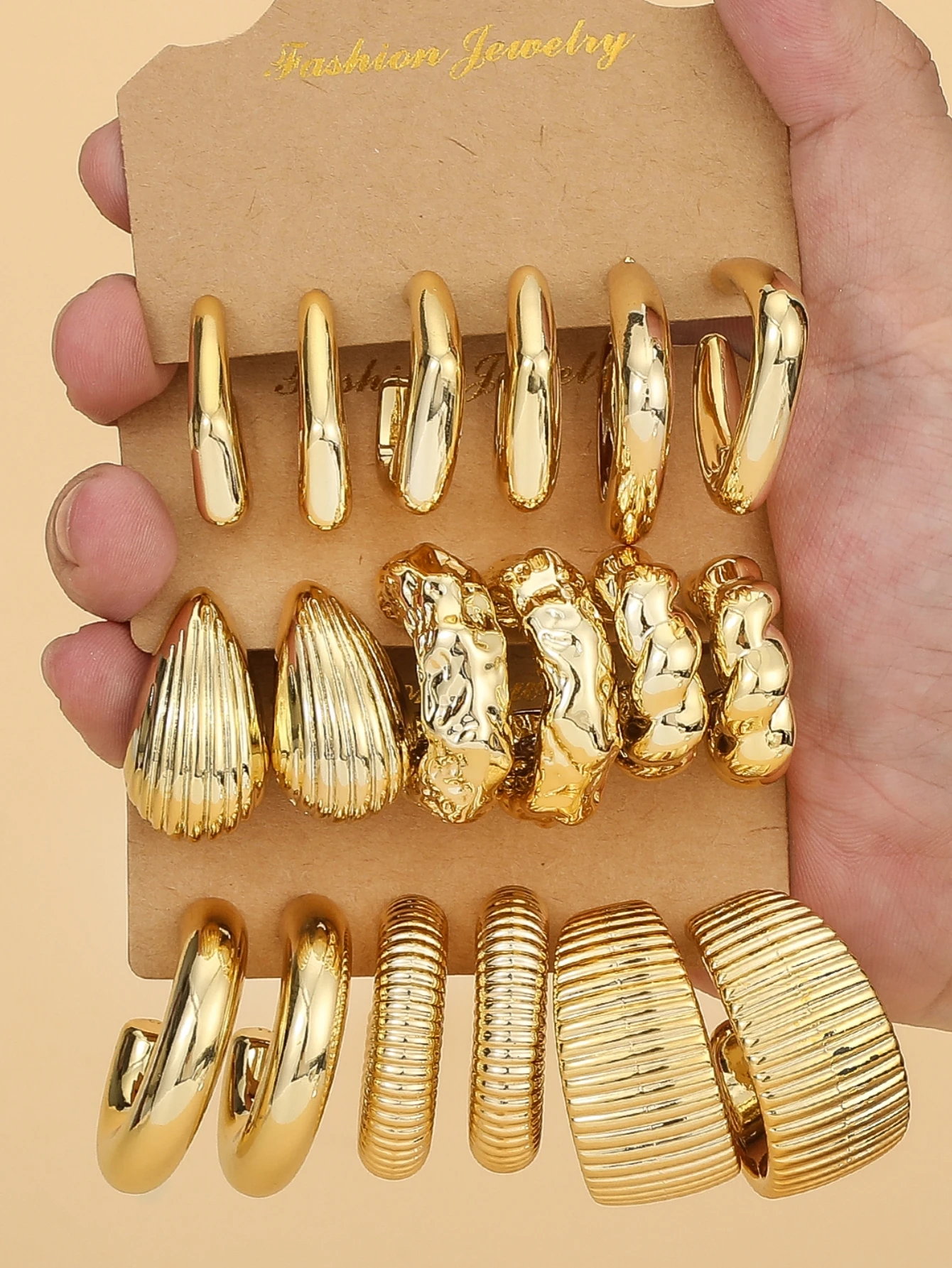 3/9 Pairs Fashion New Big Size Dimple Threaded C-Shaped Earrings,Plastic Material,Suitable For Women's Daily Wear