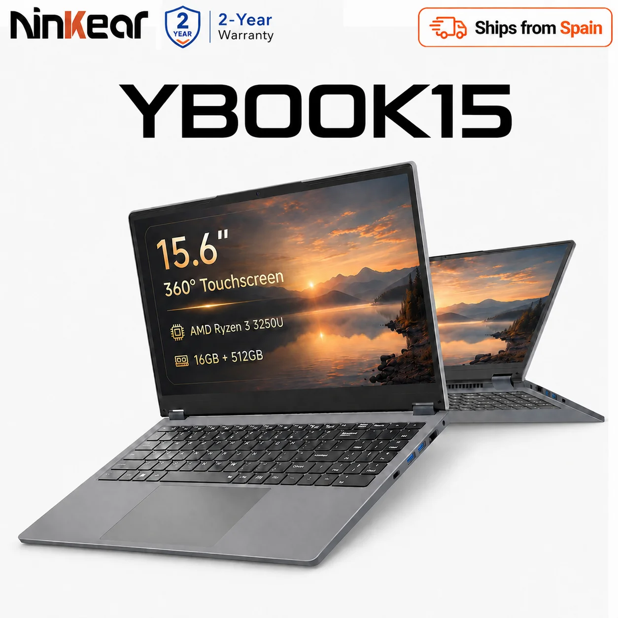 Ninkear YBook15 PC Portable 2 en 1 15,6'' IPS FHD Écran Tactile 360° Convertible AMD Ryzen 3 3250U 16GB DDR4 512GB SSD WiFi Bluetooth Clavier Rétroéclairé Windows 11 Bureau Étude