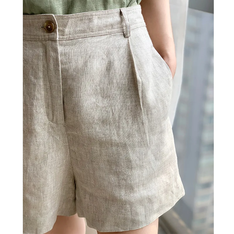 100% Linen Shorts for Women Summer Breathable Wide-leg High-waisted Casual Loose Streetwear White Office Ladies Harajuku Pants