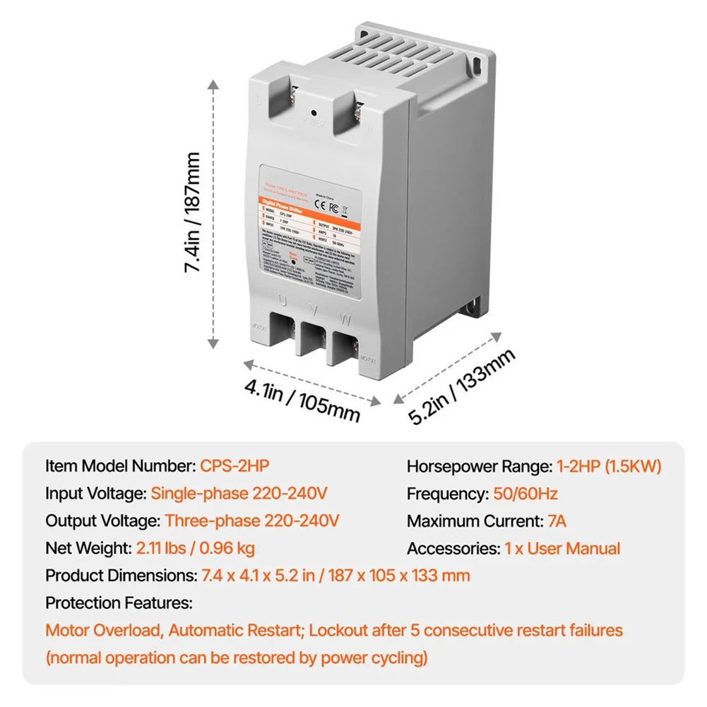 Metal 2HP Phase Converter 220V-240V Single to Three Phase 7A 1.5kW Output for Power Tools and Industrial Motors