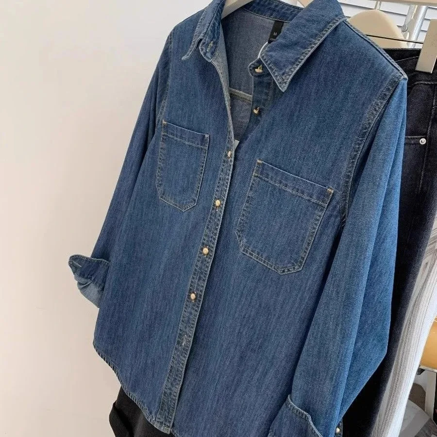 الرجعية الأزرق قميص دينيم سترة المرأة ربيع الخريف جديد الدنيم معطف بلوزة 2025 المرأة فضفاض الجينز قميص معطف طويل الدنيم للنساء