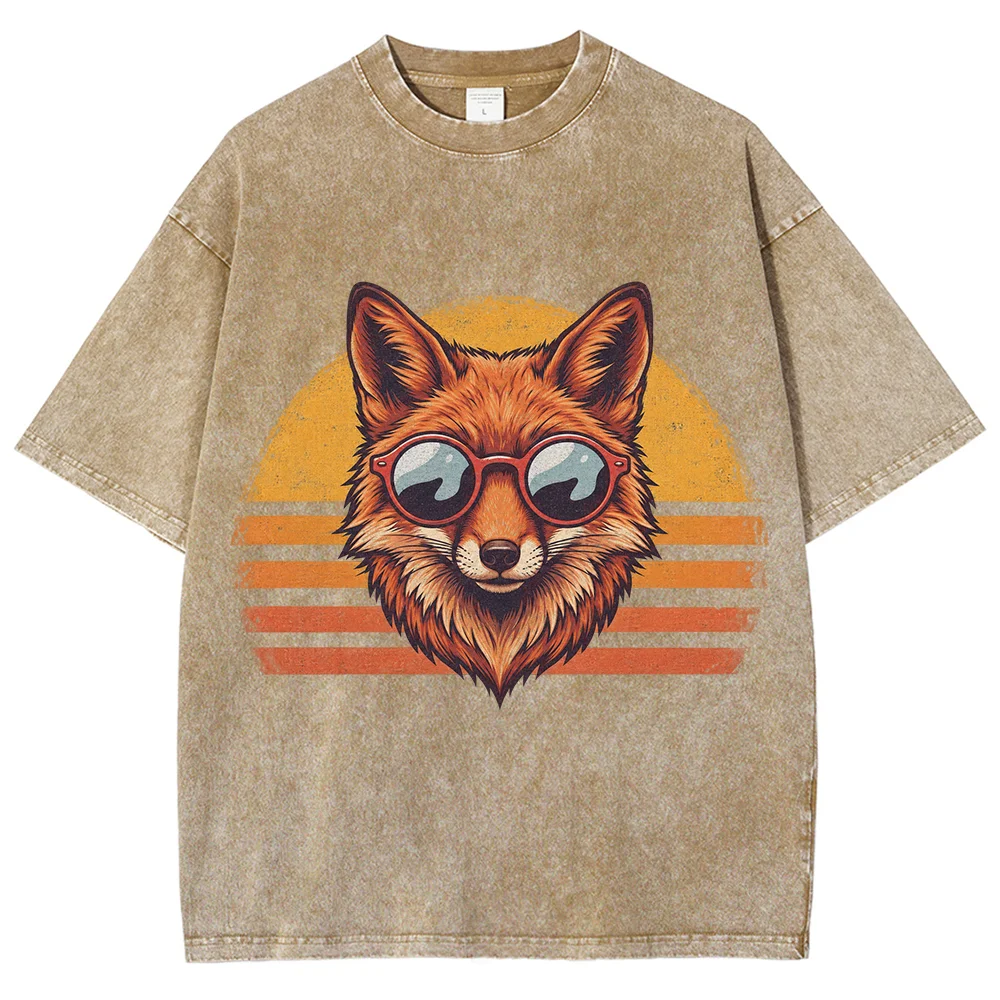 Vintage Fox Graphic T Shirt Cool Animal Sunglasses Sunset Print for Men Women Unisex Short Sleeve Retro Casual Tee