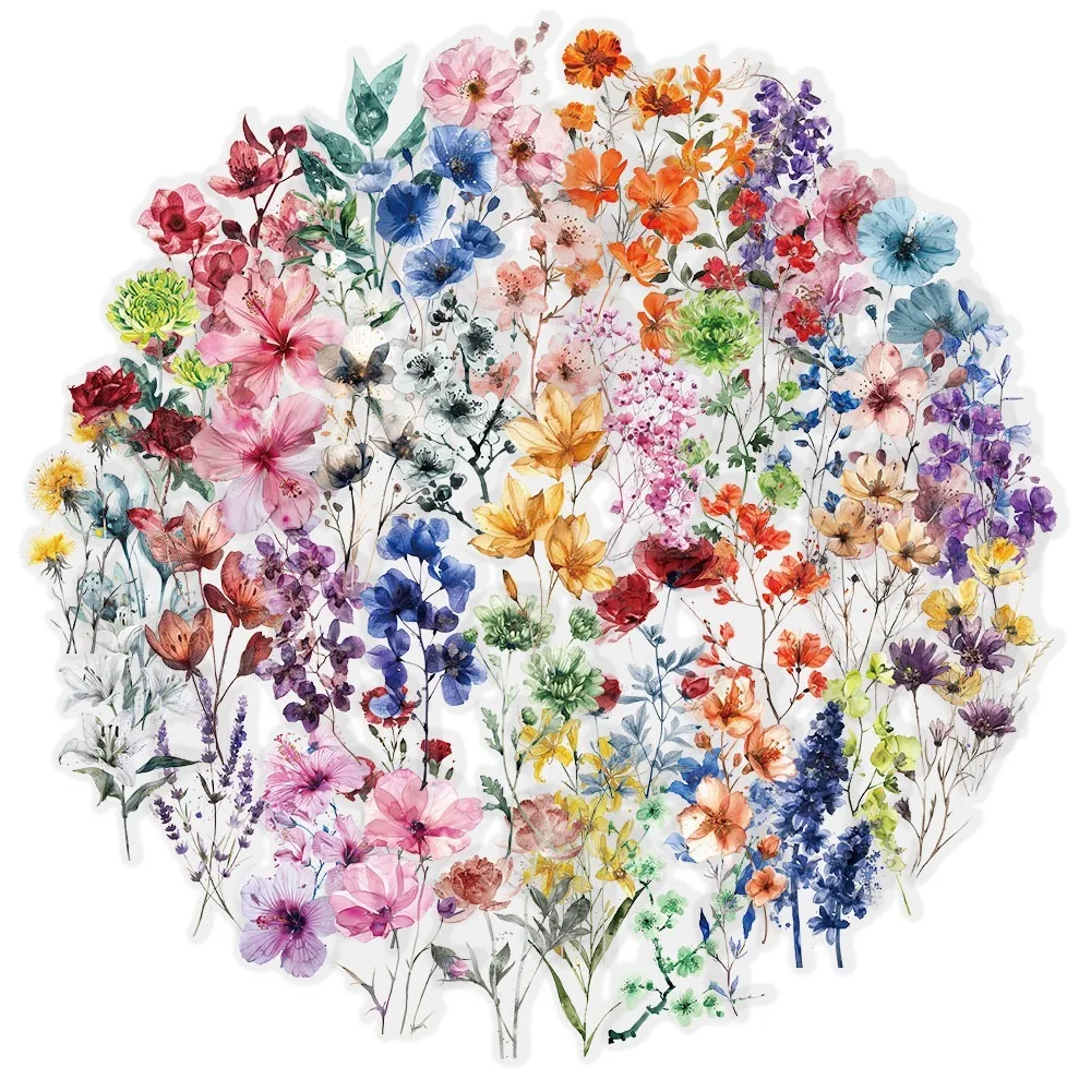50PCS Waterproof Ink Flower Sticker Pack Transparent PET Booklet Flower Material Decorative DIY Flower Water Cup Stickers