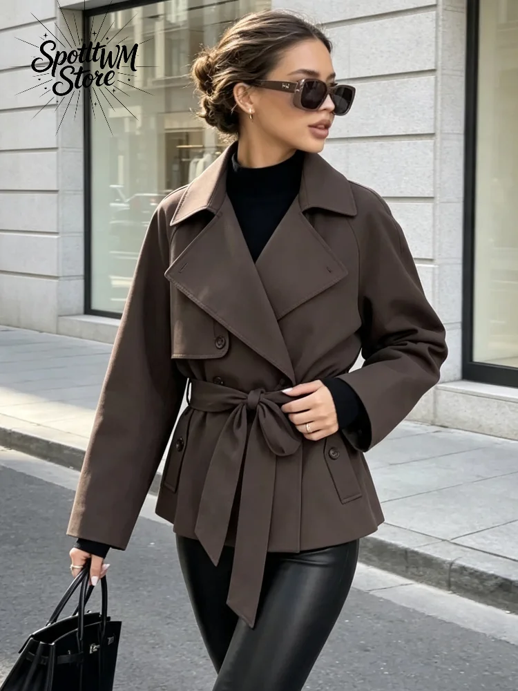 Elegant Lapel Lace Up Trench Coat Women's Full Sleeve Double Breasted Loose Cropped Windbreaker 2026 Autumn Streetwear Outfit