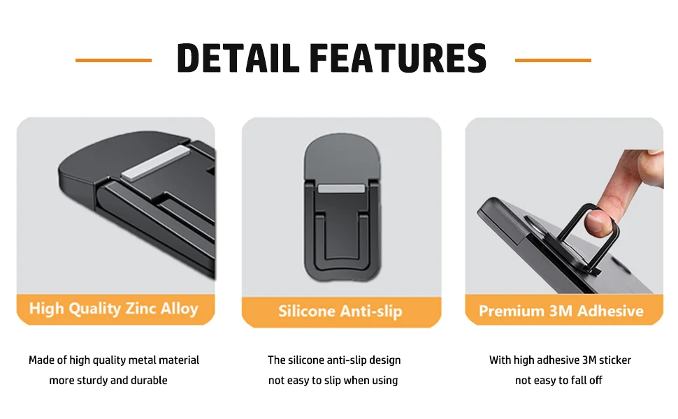 Soporte portátil para ordenador portátil de aleación de zinc negro con agarre antideslizante de silicona y respaldo adhesivo premium de 3M para un elevador mini portátil para ordenador portátil.