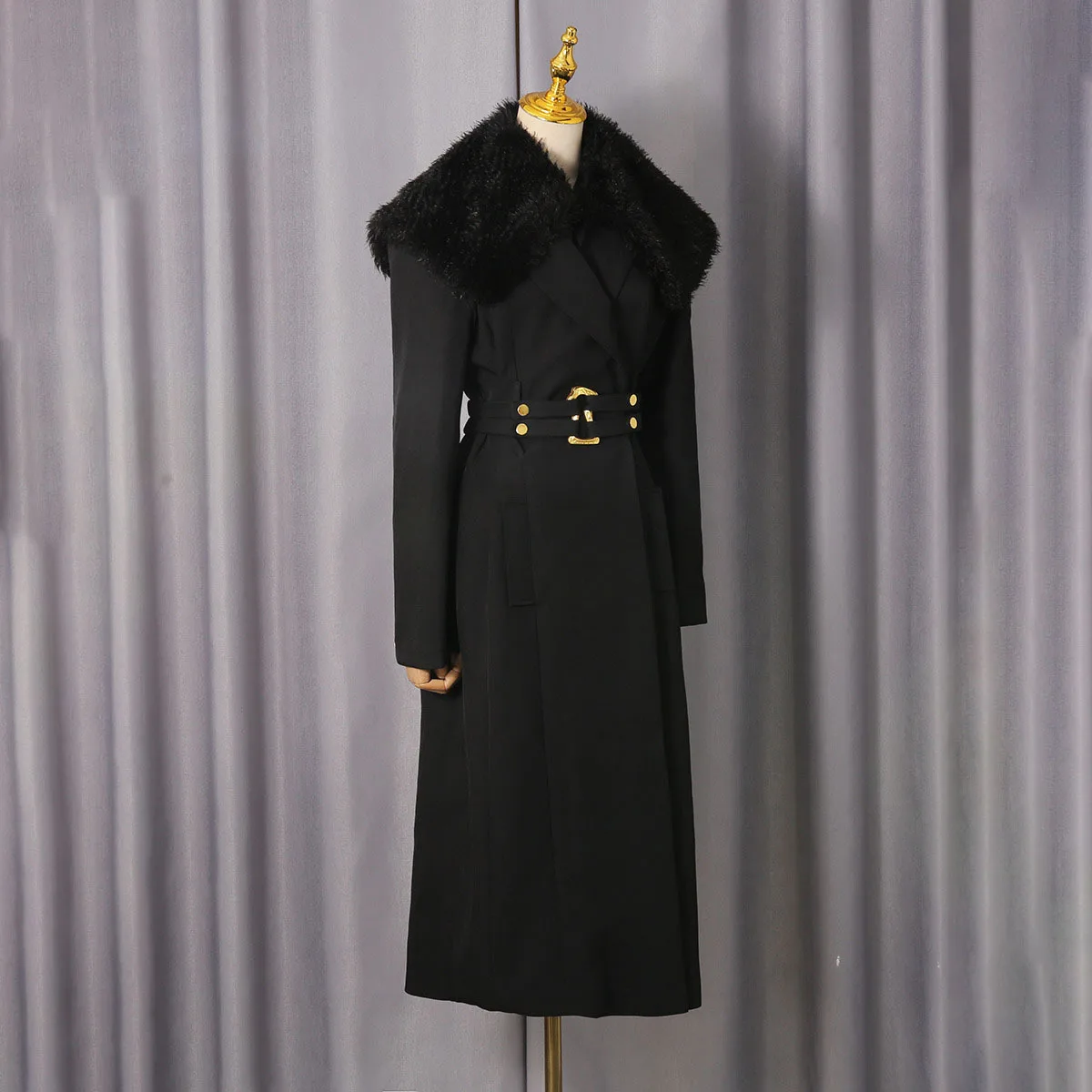 KWTX Women's Black Trench Coat Faux Fur Collar Belted Waist Mid-Length Casual Elegant Vintage Designer Autumn Winter 2025 New