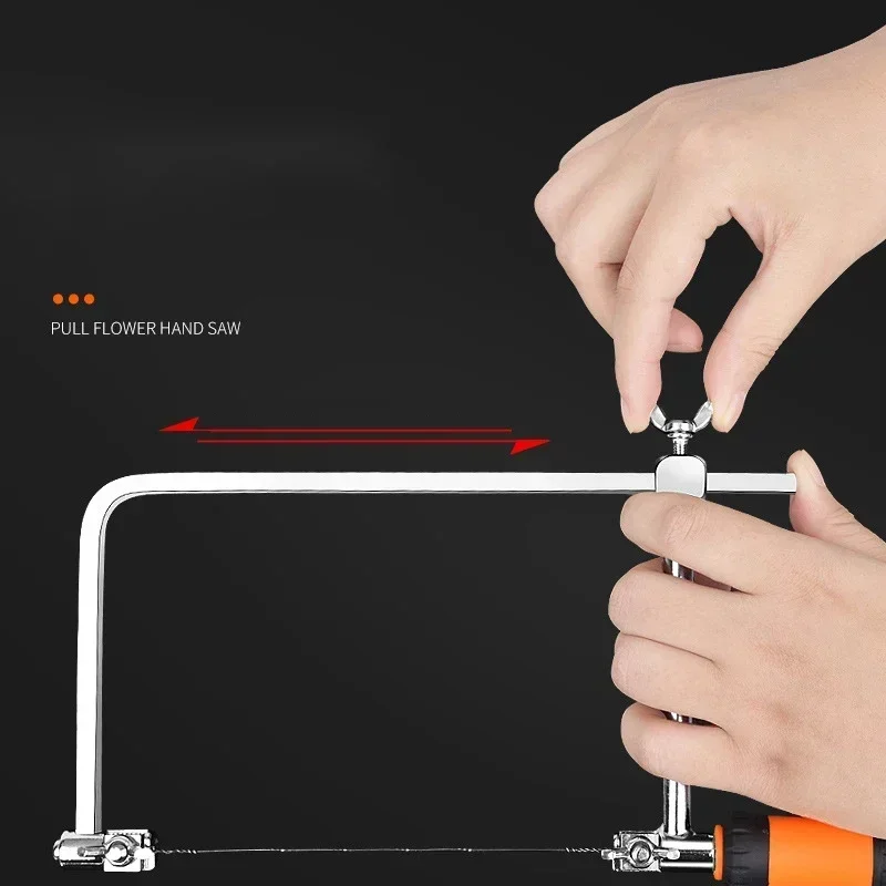 إطار منشار مجوهرات قابل للتعديل - مقبض برتقالي وأسود، 5 شفرات منشار للقطع الدقيق في أعمال النجارة وصناعة المجوهرات بنفسك