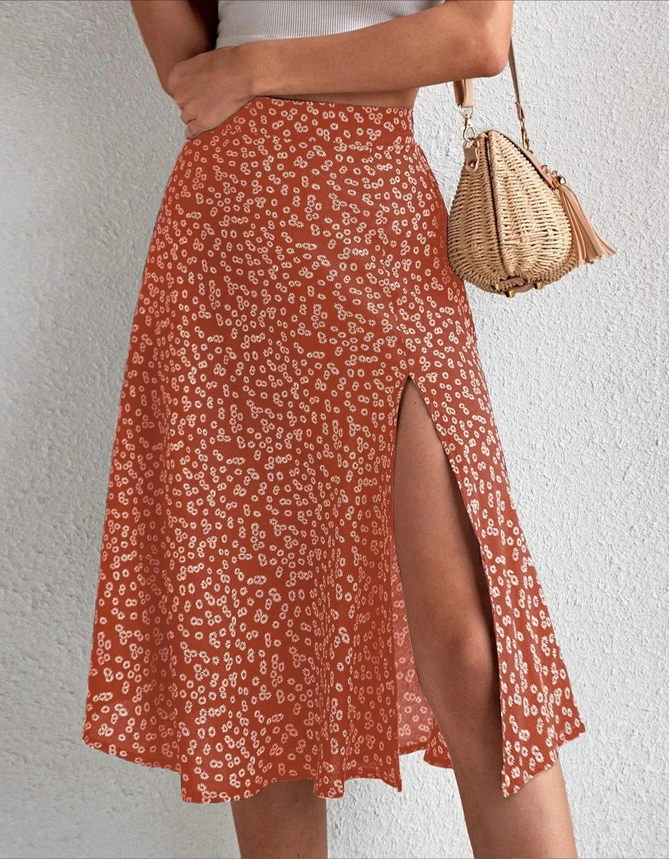 

Spring and summer new women's versatile floral zipper split A-line skirt