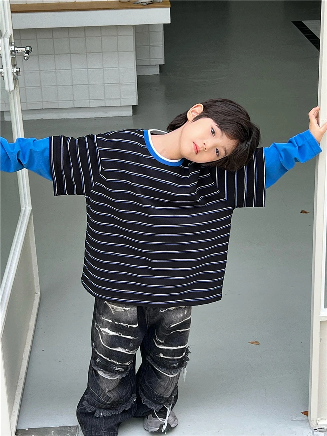 

Boys Long-Sleeved T-Shirt Korean Style Striped Casual Autumn 2025 Fake Two-Tone Outfit Contrasting Colors Kids Clothing