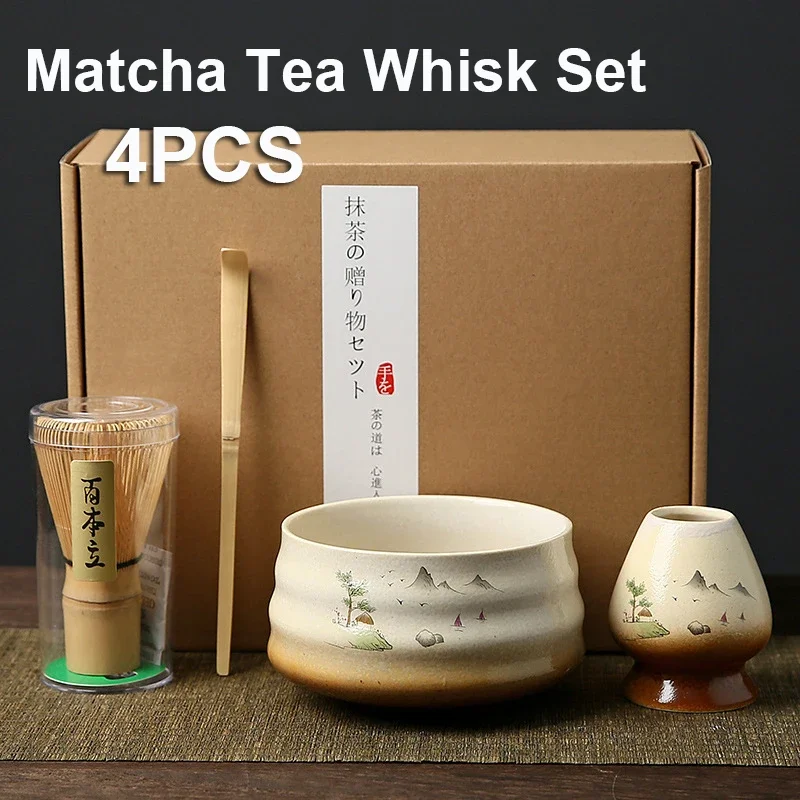 4PCS Japanese Matcha Tea Set Bamboo Whisk Scoop Ceramic Matcha Bowl Traditional Indoor Handmade Tea-making Tools Birthday Gift