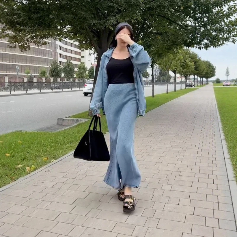 

Осень 2023, новый стиль, джинсовая куртка для поездок на работу и облегающая юбка, комплект из двух предметов для женщин