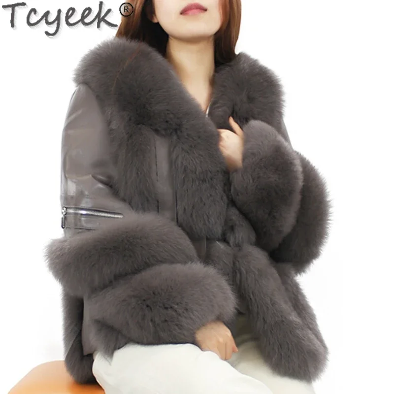 

Tcyeek Winter Genuine Leather Jacket Women Fashion Fox Fur Coat Sheepskin Fur All-in-one Women's Fur Coat Jaqueta Feminina Lq