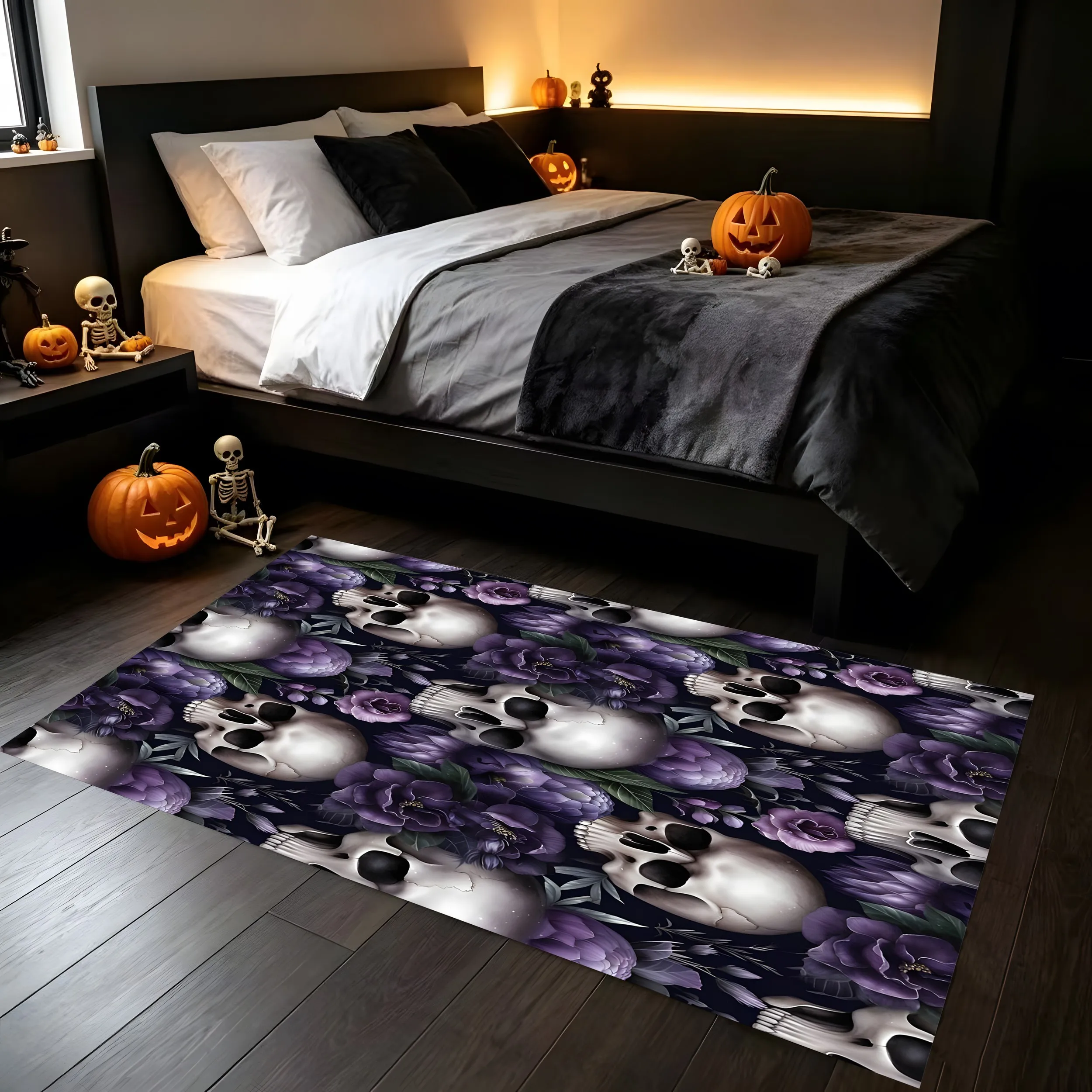 Skull Purple Floral Print Dark Gothic Halloween Velvet Rug for Gaming Room Trendy Shop Entryway Party Unique Decor
