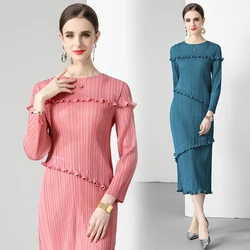 Miyake Pleated Elegant Wood Ear Dense Edge Women's Clothing High-end Temperament Slim Fit High Elastic Straight A-line Dress