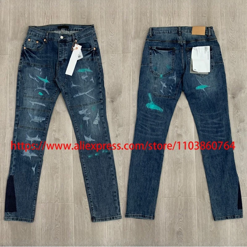 

Europe America Trend Jeans Retro Fashionable Patchwork High Quality Street Hip-hop Pencil Pants Ripped Hole Jeans