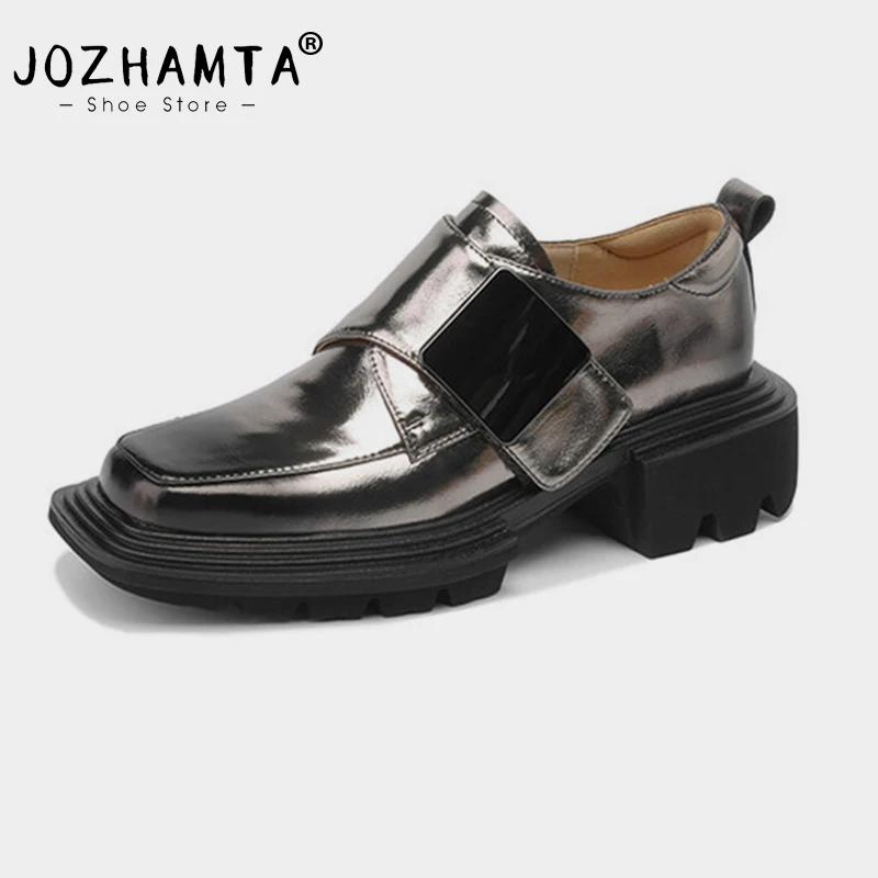 JOZHAMTA Size 34-41 Women High Heels Loafers Pumps Real Leather Platform Chunky Heel Spring Shoes 2025 Metal Buckle Office Lady