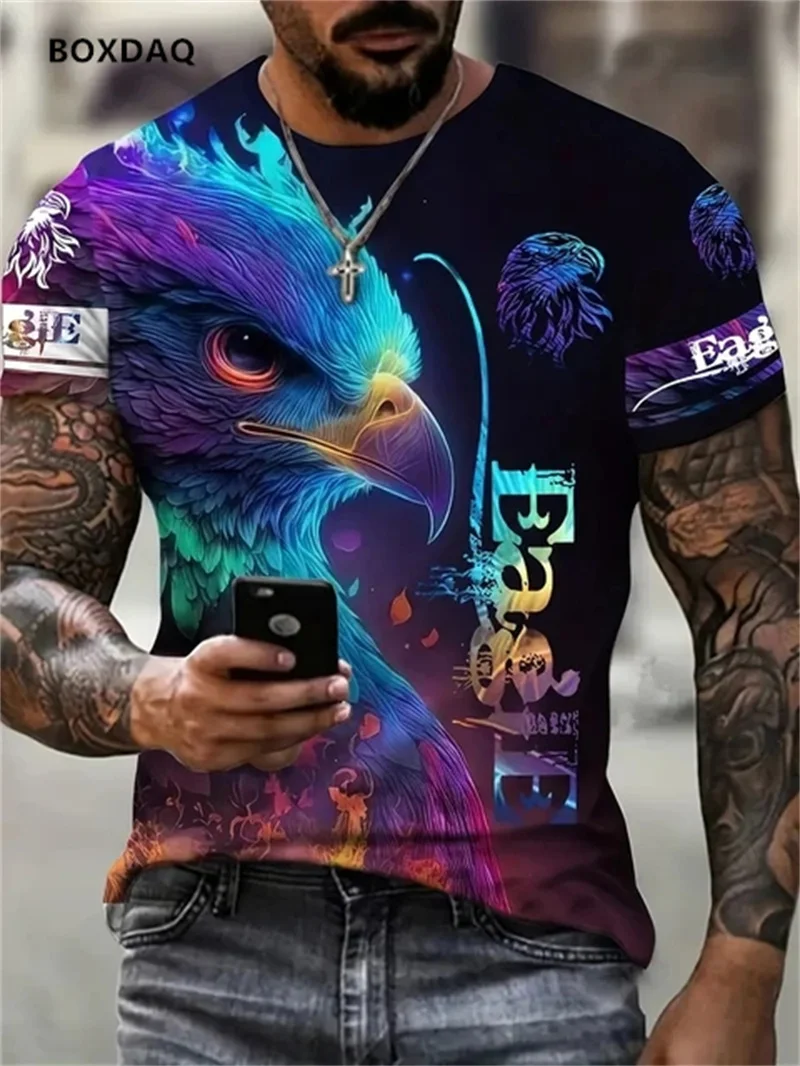 Tops casuais com decote em o solto masculino, impressão animal 3D, camiseta de rua, manga curta, tamanho grande, camiseta respirável, moda águia, 6XL