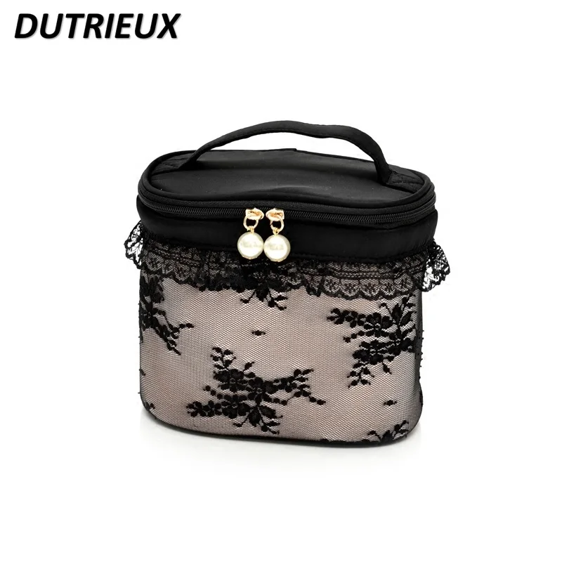 2024 New Make Up Case Sweet Cute Black Lace Portable Women\'s Cosmetic Bag Barrel Lace Pearl Decoration Medium Makeup Cases