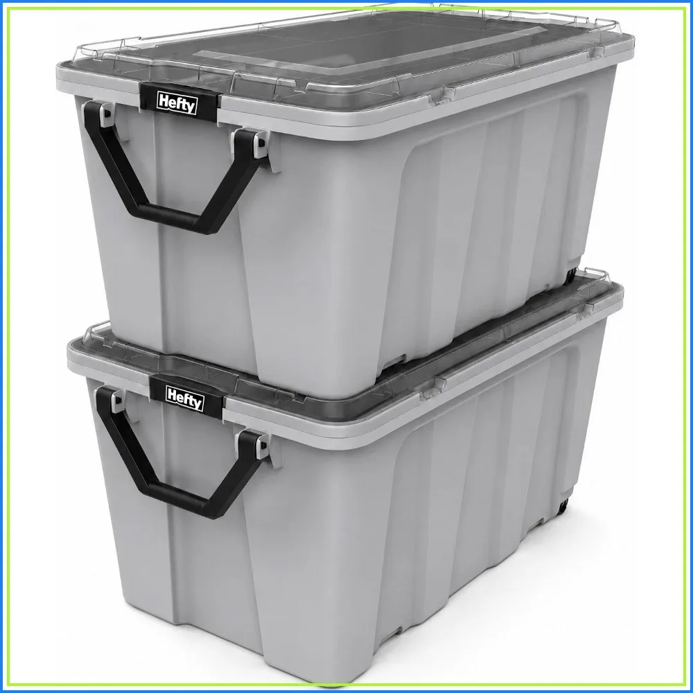 Hefty MAX Pro 50 Gal Storage Bins with Clear Lids, Stackable, 2 Pack, Grey