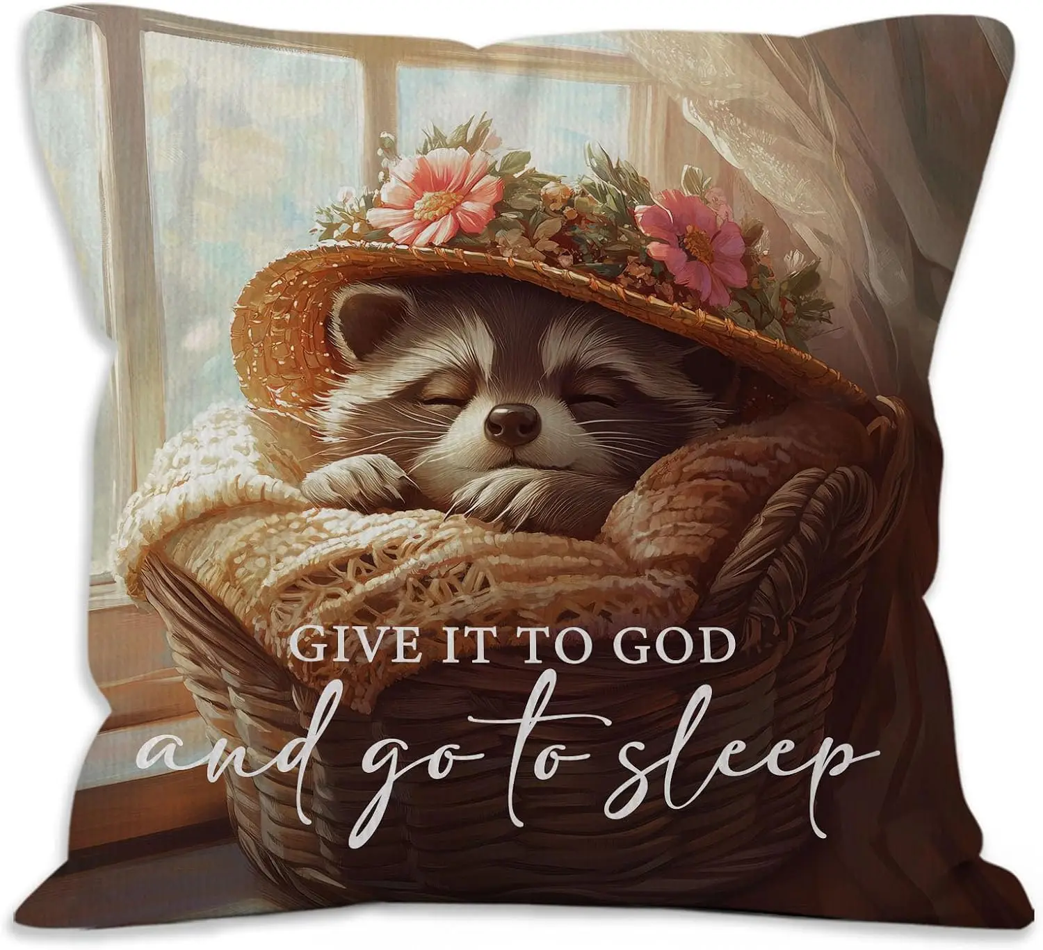 Cute Raccoon Sleeping Pillowcase Throw Cushion Cover 18x18 Inch Nursery Decor Funny Pet Lover Gift for Bedroom Home Accent Art