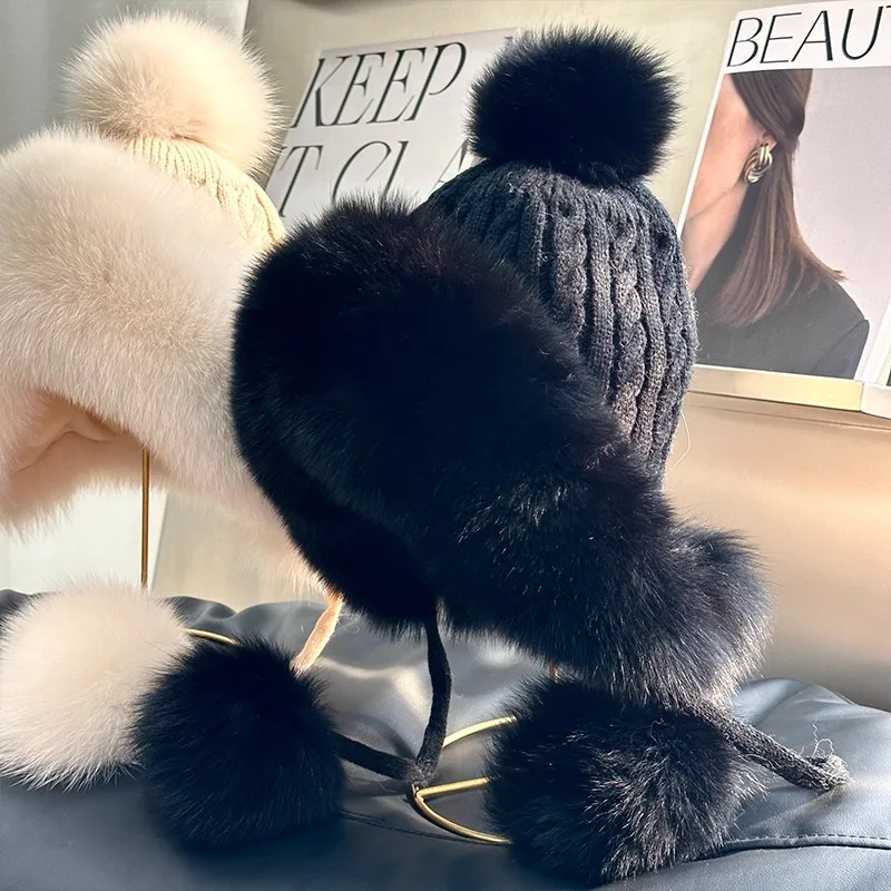 100% Real Natural Fox Fur Hat for Women Raccoon FurRussian Ushanka Hats Winter Thick Warm Fashion Girls Bomber Cap Elastic