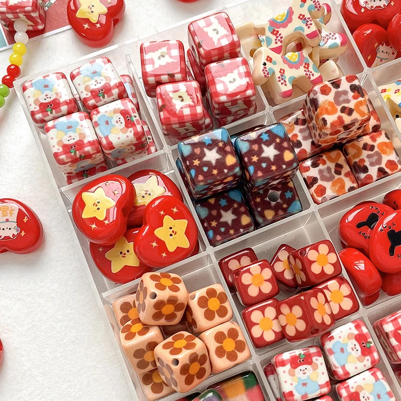 6pcs Winter Red Acrylic Square Beads Diy Handmade Jewelry Bracelet Necklace Beaded Accessories Materials