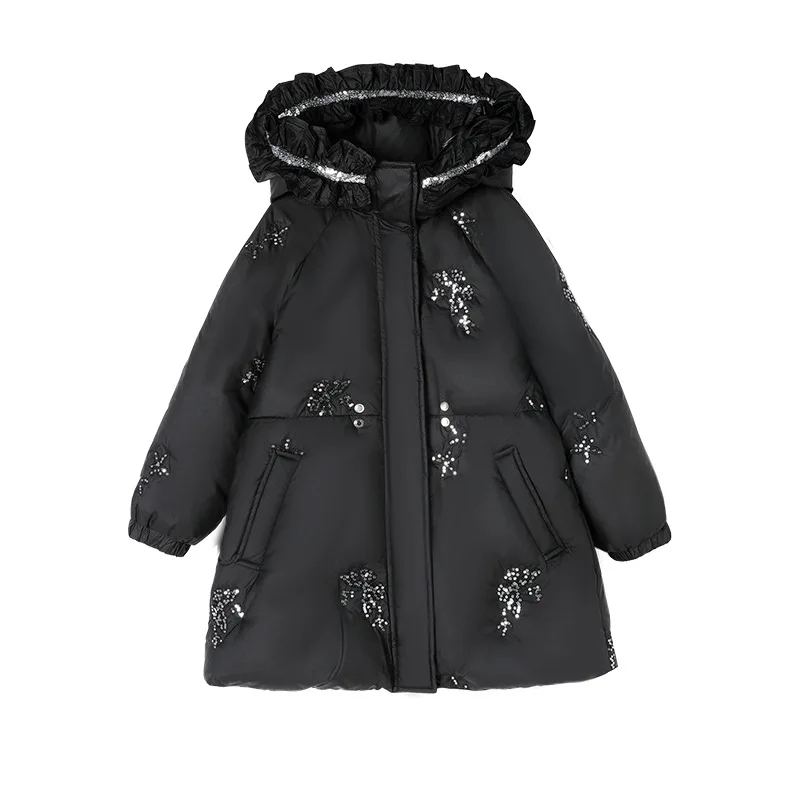 Mädchen Weiße Daunenjacke mit Pailletten und Stickerei, Kapuze, Tailliert, Mittellanger Mantel, Kinder Winter Winddichte Warme Oberbekleidung A5103 – Detail 10