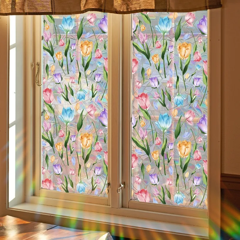 Cartoon Colorful Tulip Glass Double-sided Visual Wall Sticker Home Decoration Wall Sticker Self-adhesive Window Sticker