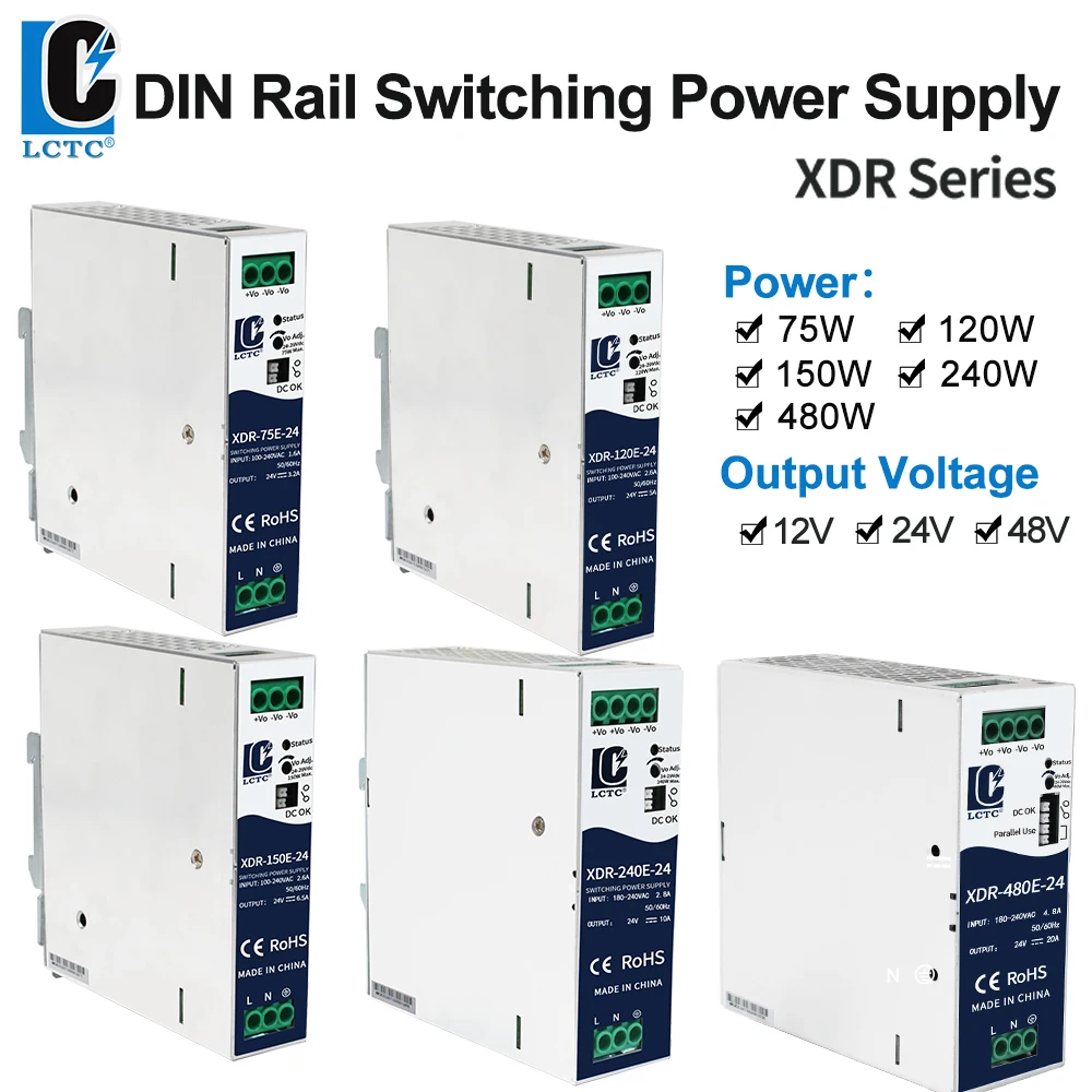 LCTC Switching Power Supply XDR 75W120W150W240W480w AC to DC Single Output 12V24V48V Industrial Transformer DIN Installation