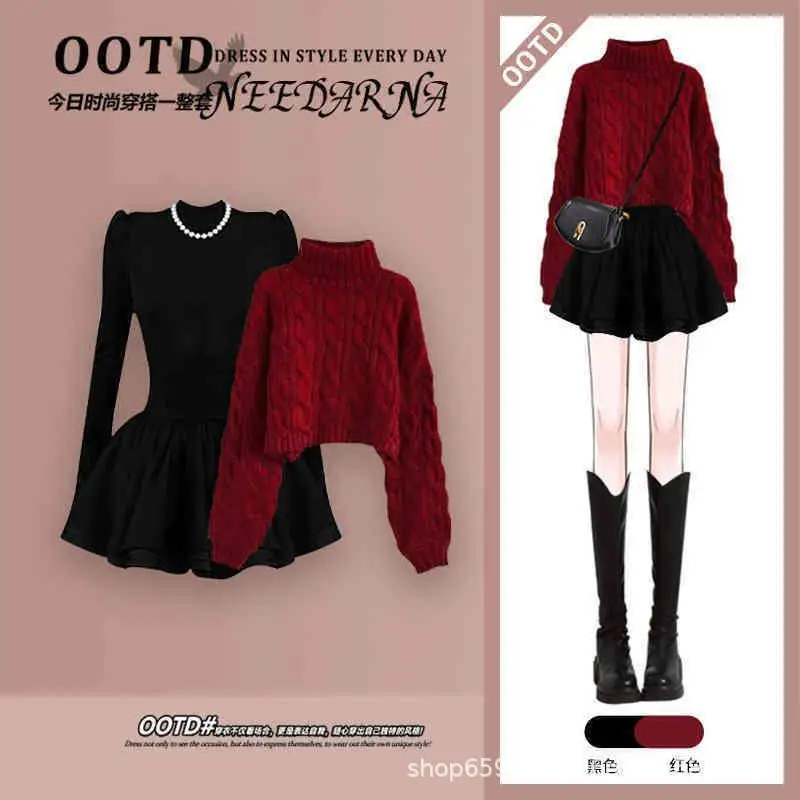 Autumn and Winter Red Slimming High-end Knitted Sweater Korean High Waisted Short Skirt Two-piece Set