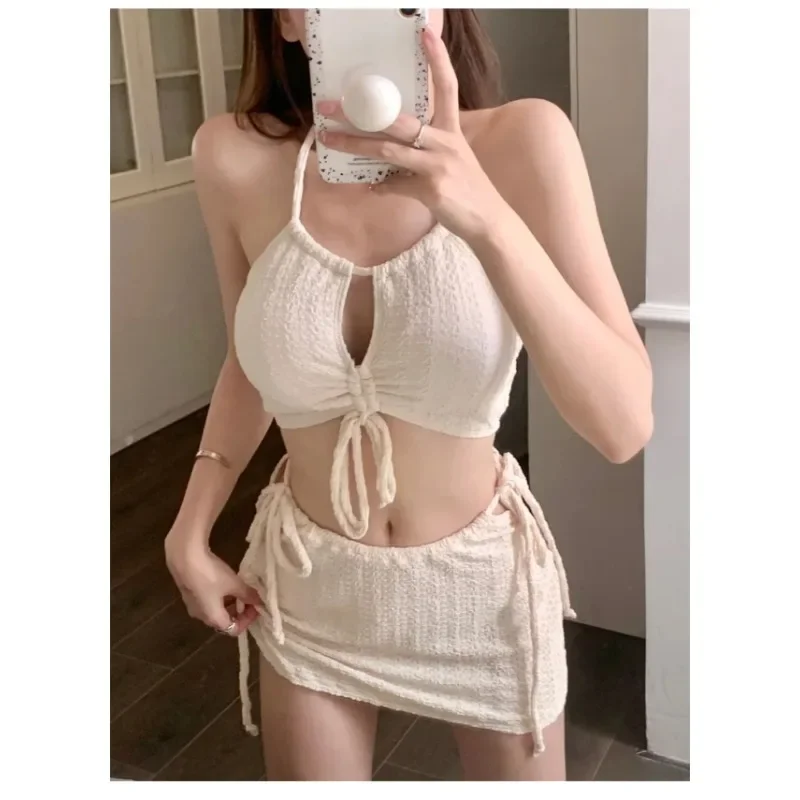 

2024 Sexy Fashion Ribbed Halter Bikinis Set Three Pieces Sets Drawstring Tie Swimsuit with Mini Skirt Swimwear Beach Wear