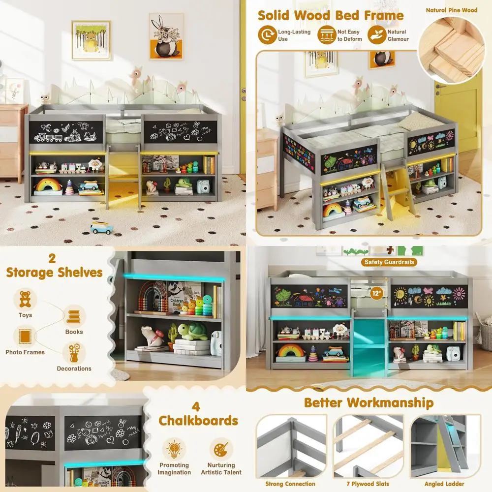 

Двухъярусная кровать с LED-подсветкой, деревянная, односпальная, с лестницей и доской для записей, с местом для хранения, для детей, с 2 полками и игровой зоной, серая