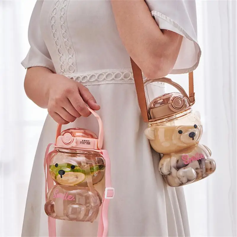 1000ml Large Capacity Cartoon Bear Plastic Sippy Cup Children's Portable Backpack Kettle Water Bottle Mug with Straw Girl's Cup