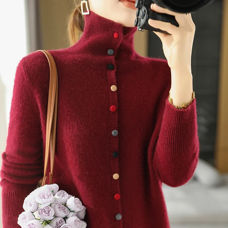 Cárdigan de lana de 100% para mujer, Jersey de punto con solapa, suéter holgado de una sola botonadura, abrigo con botones coloridos, Tops, blusa informal