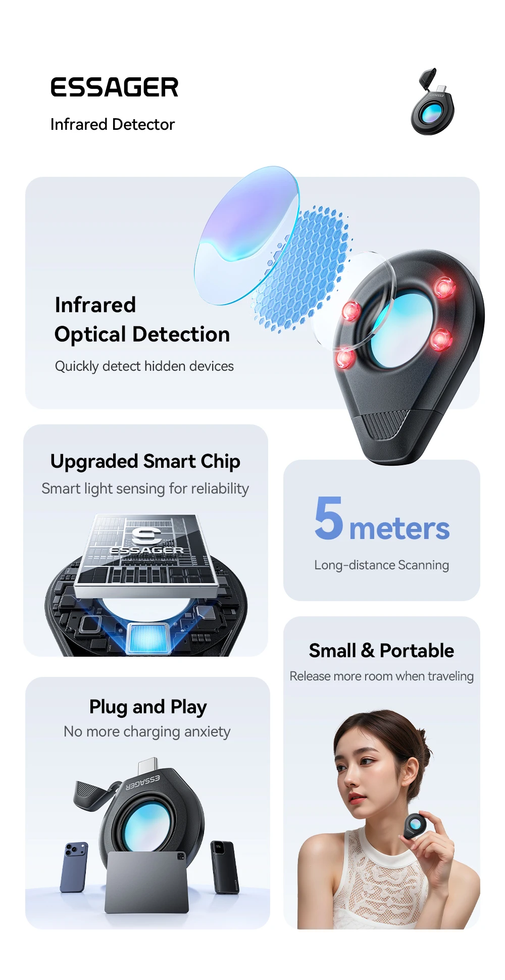 Essager Infrared Camera Detector Anti Peeping Lens Finder Spy Gear For Travel Hotel Security Protection Hidden Camera Detection