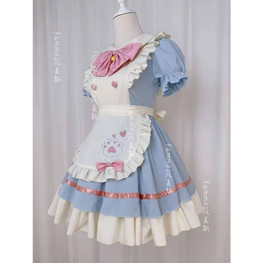 2026 New Sweet Kawaii Maid Costume Women Puff Sleeve Layered Dress with Cat Paw Print Apron Big Bow Anime Cosplay Lolita Outfit